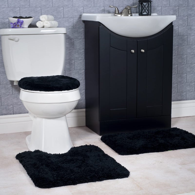 Lavish Home 3-Piece Bathroom Rug Set â€“ Non-Slip Bath Mat Set with Bath Rug, Contour Mat, and Toilet Lid Cover â€“ Machine Washable Mats by Lavish Home (Black) - Image 1